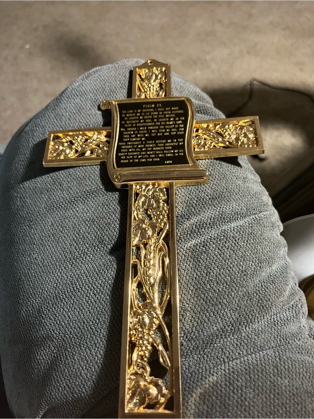 Gold Floral Relief Psalm Cross Wall Accent - Religious Home Décor